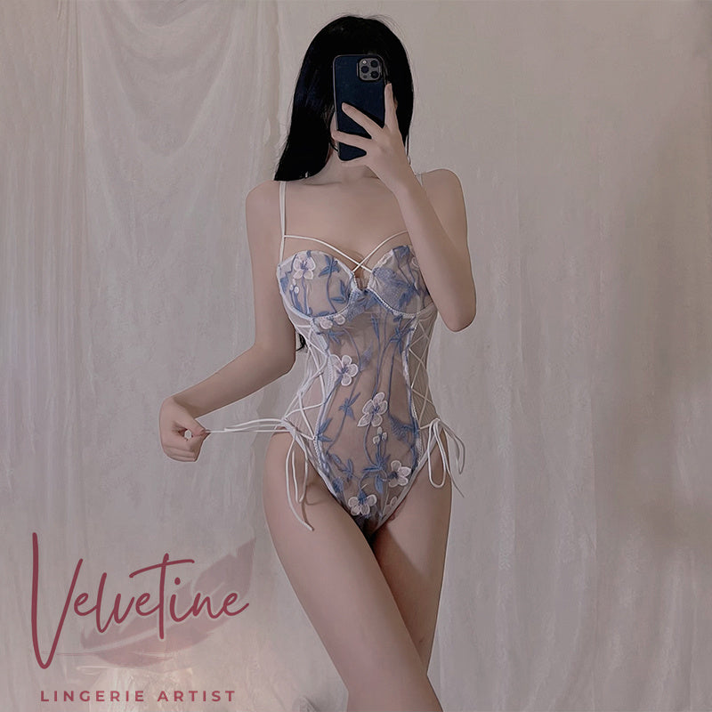 Sexy Sheer Mesh Embroidered See-Through Bodysuit