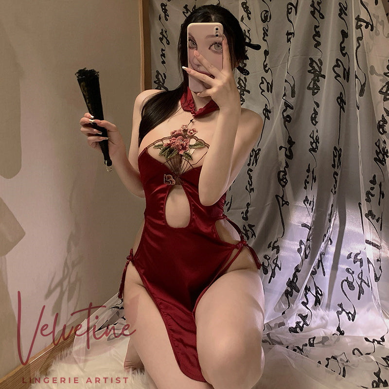 Sexy Halter Hollow-Out High-Waist Slit Cheongsam Uniform Set