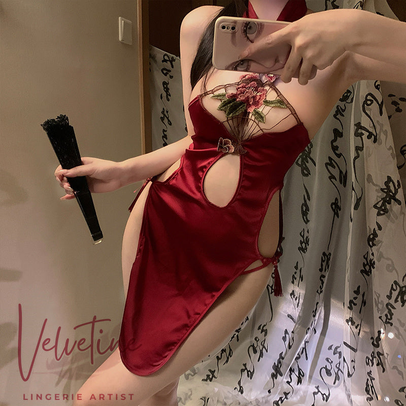 Sexy Halter Hollow-Out High-Waist Slit Cheongsam Uniform Set