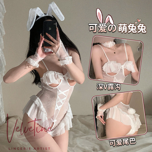 Lace Trim Open-Bust Crotchless Playful Bunny Girl Lingerie